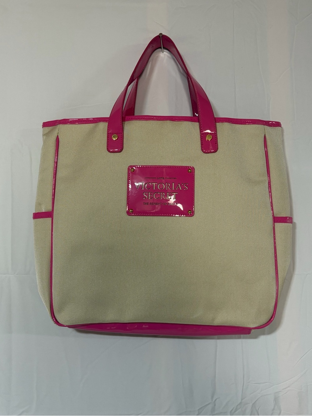 Victoria Secret Canvas & Hot Pink Patent Tote - Picture 1 of 3
